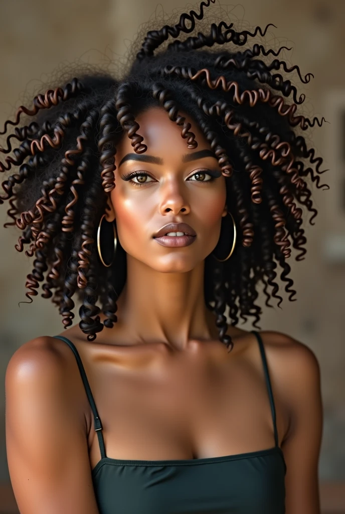 Femme métisse réaliste avec beaucoup de cheveux ondulés et des rondeurs au niveau des formes et un gros cul parfait