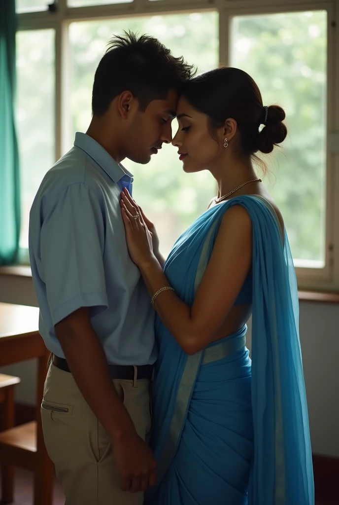 ultra real image , two lovers in school, young boy and teacher in school, romancing in the class table. the girl is wearing plain blue sheer transparent simple sari, boy is pressing her breast with his hand, she is not wearing bra, boy is wearing uniform, young boy is hugging from behind nsfw ((nsfw 1:5))
