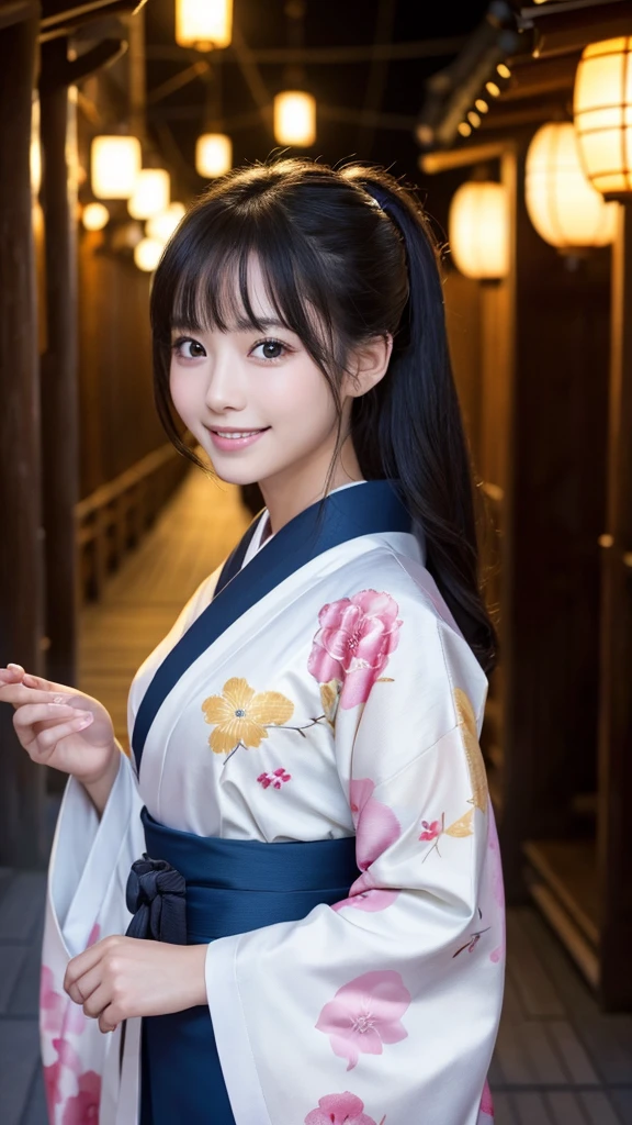 (Super beautiful woman in kimono)、((highest quality、8K masterpiece:1.3))、sharp focus:1.2、(super beautiful face:1.0)、(shiny skin:1.0)、realistic pictures、black hair、video lighting、High resolution eyes and face、video lighting、japanese actress、from the front、with a happy smile、whole body、wearing a kimono、in Kyoto、(luxury obi)、with a fan、Fireworks Display