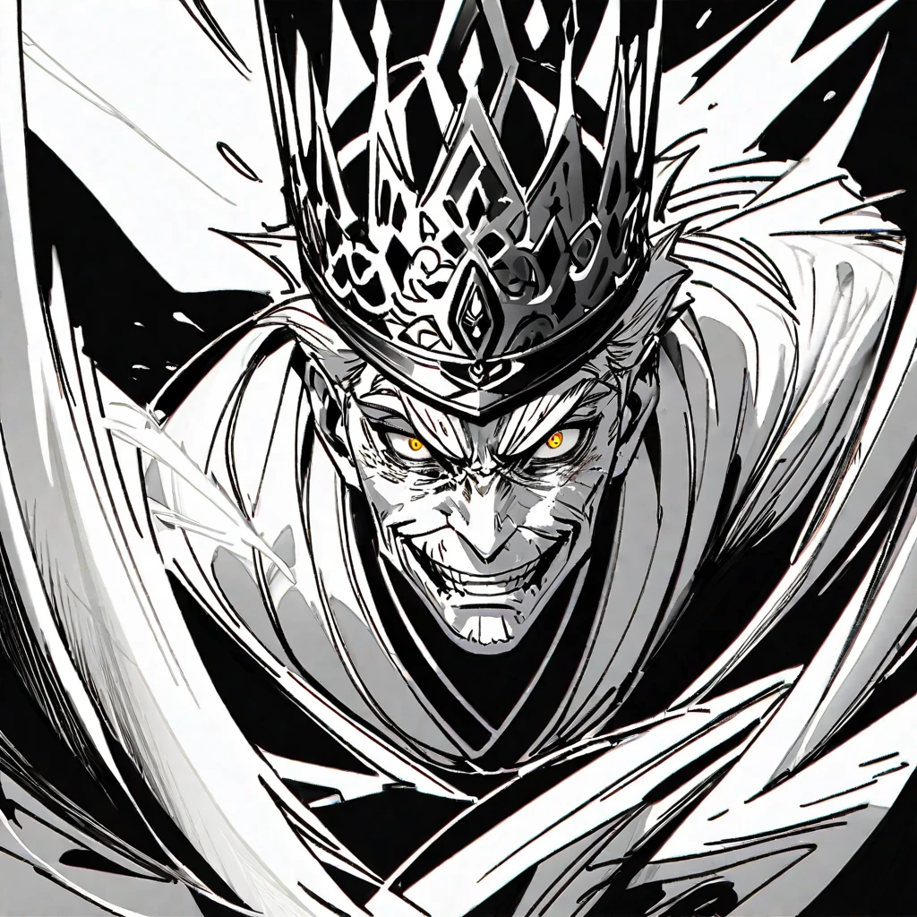 upper body,独奏,Muscular old man,Wrinkles on face,The strict king,Whitebeard,Sharp Eyes,crown,Cape, (monochrome:1.5),white flat color,sketch,black background,simple background,
BREAK,Shining,gold eyes,BREAK,Evil Smile,Close-up