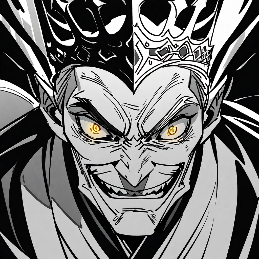 upper body,独奏,Muscular old man,Wrinkles on face,The strict king,Whitebeard,Sharp Eyes,crown,Cape, (monochrome:1.5),white flat color,sketch,black background,simple background,
BREAK,Shining,gold eyes,BREAK,Evil Smile,Close-up