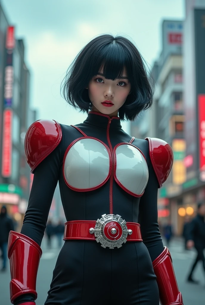 A high school girl poses as a Kamen Rider、Shibuya、Cloudy、Black Hair、Shortcuts、Japanese、Real、photograph、Rider transformation belt worn
