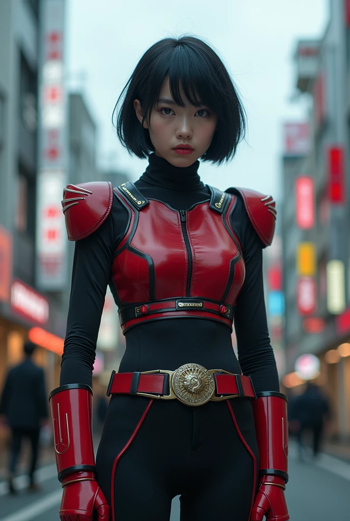 A high school girl poses as a Kamen Rider、Shibuya、Cloudy、Black Hair、Shortcuts、Japanese、Real、photograph、Rider transformation belt worn