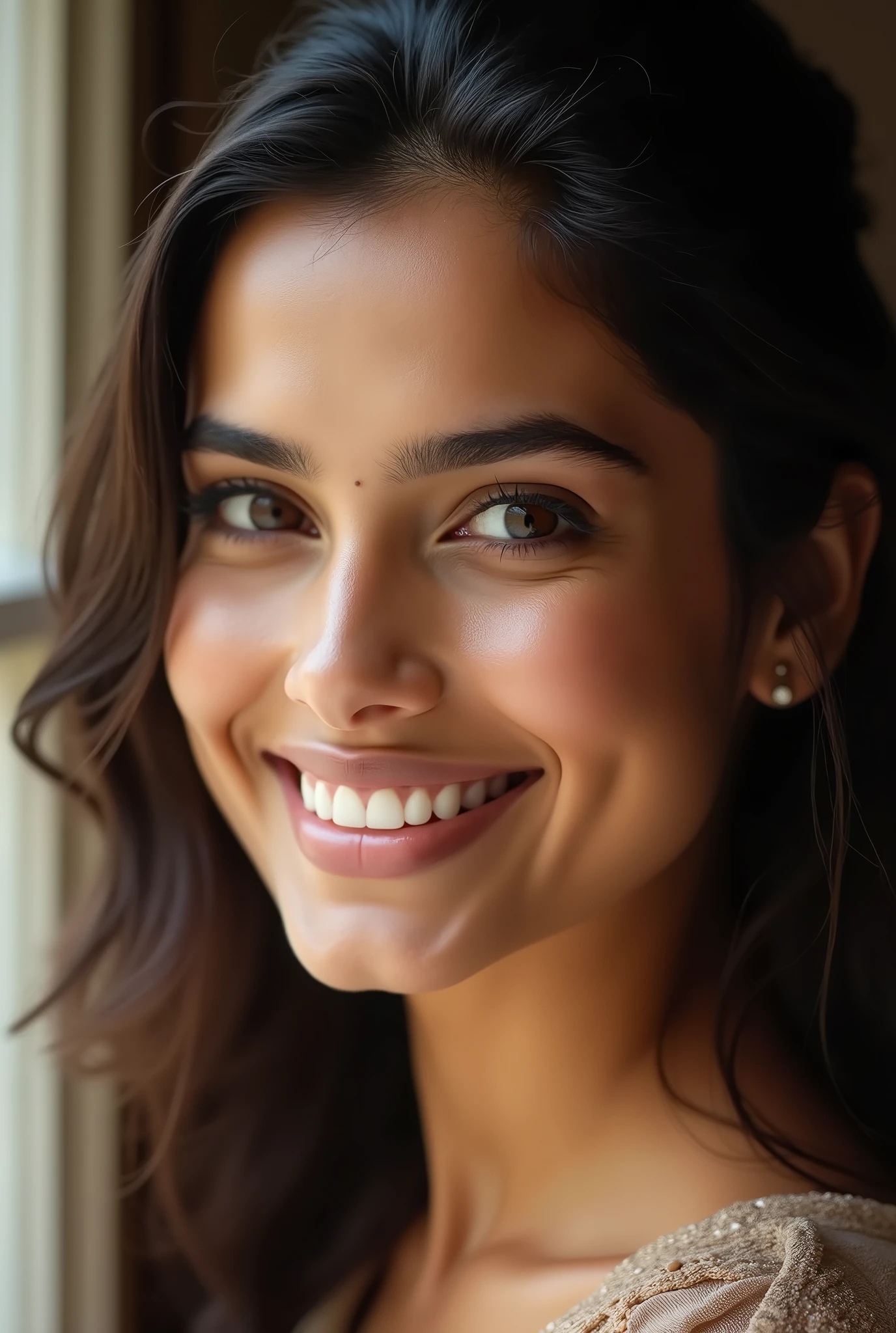 There is a young, Beautiful indian woman, who looks to the future like Katrina Kaif. Smiles into the camera, beautiful teeth. She stands there and looks into the camera, a portrait from raw photo, (one auge zu),