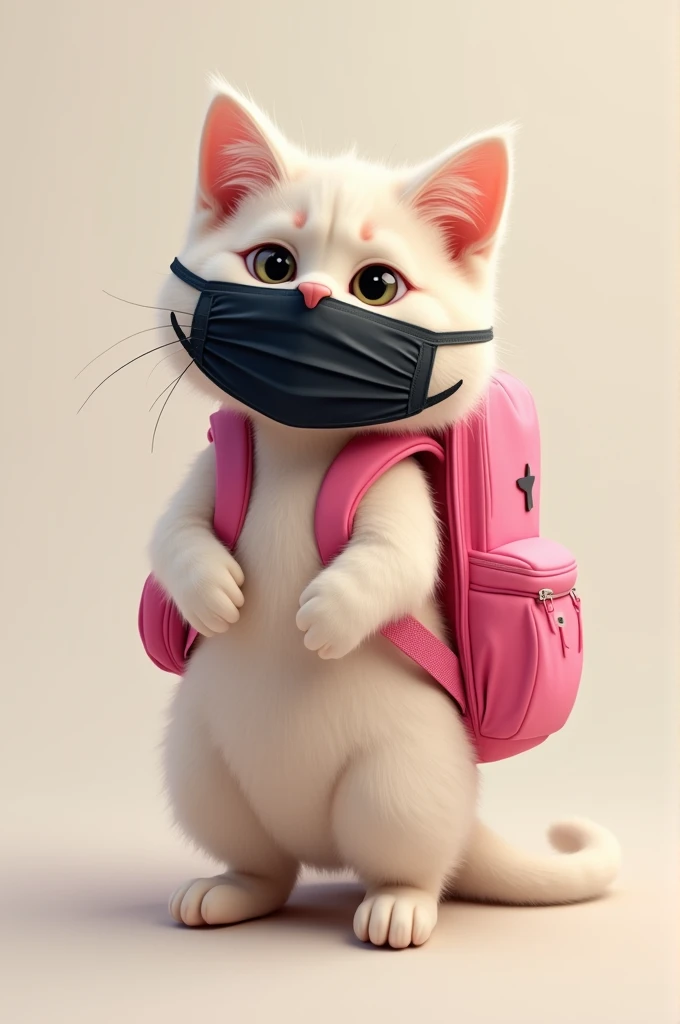 cat wearing pink backpack while standing also wearing a black face mask