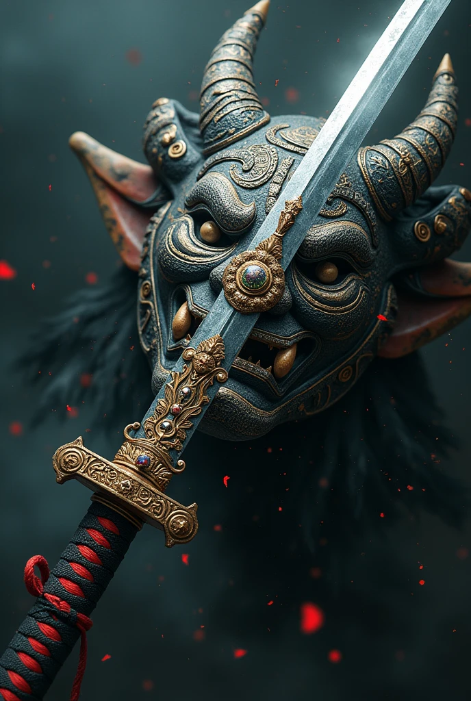 A katana sword turning into an Aztec sword breaking an oni mask