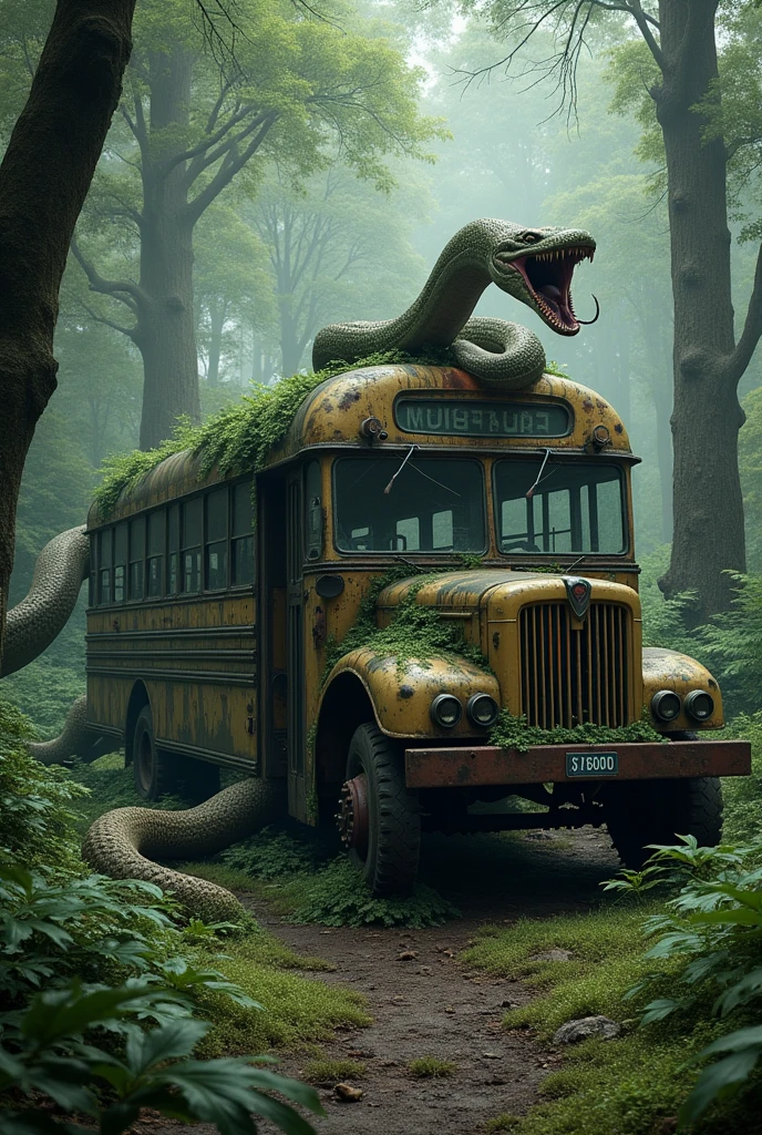 a huge snake coiled around a rusty, mossy bus in the forest