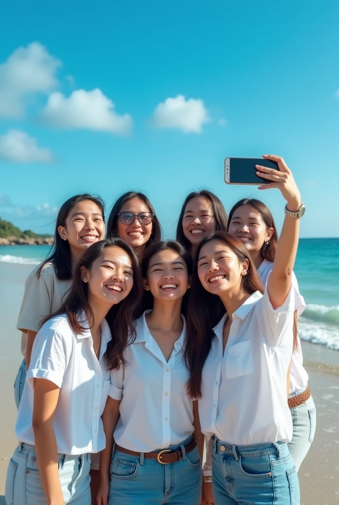 professional photography 8 beautiful Indonesian women, who wears a white shirt , jeans, In tune while taking a selfie, with the background on the beach with the attractive lapping of the waves and bright blue clouds. fullHD, ultrahd+ , Earth's atmosphere,realistic, looks authentic, dramatic scene, must be detailed