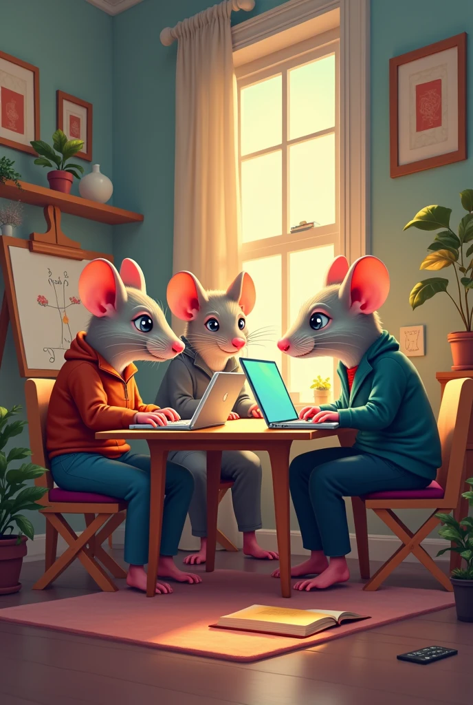 can you create a pic of 4 rats as if they r interior designers w laptops, each of them should be the color from light to dark