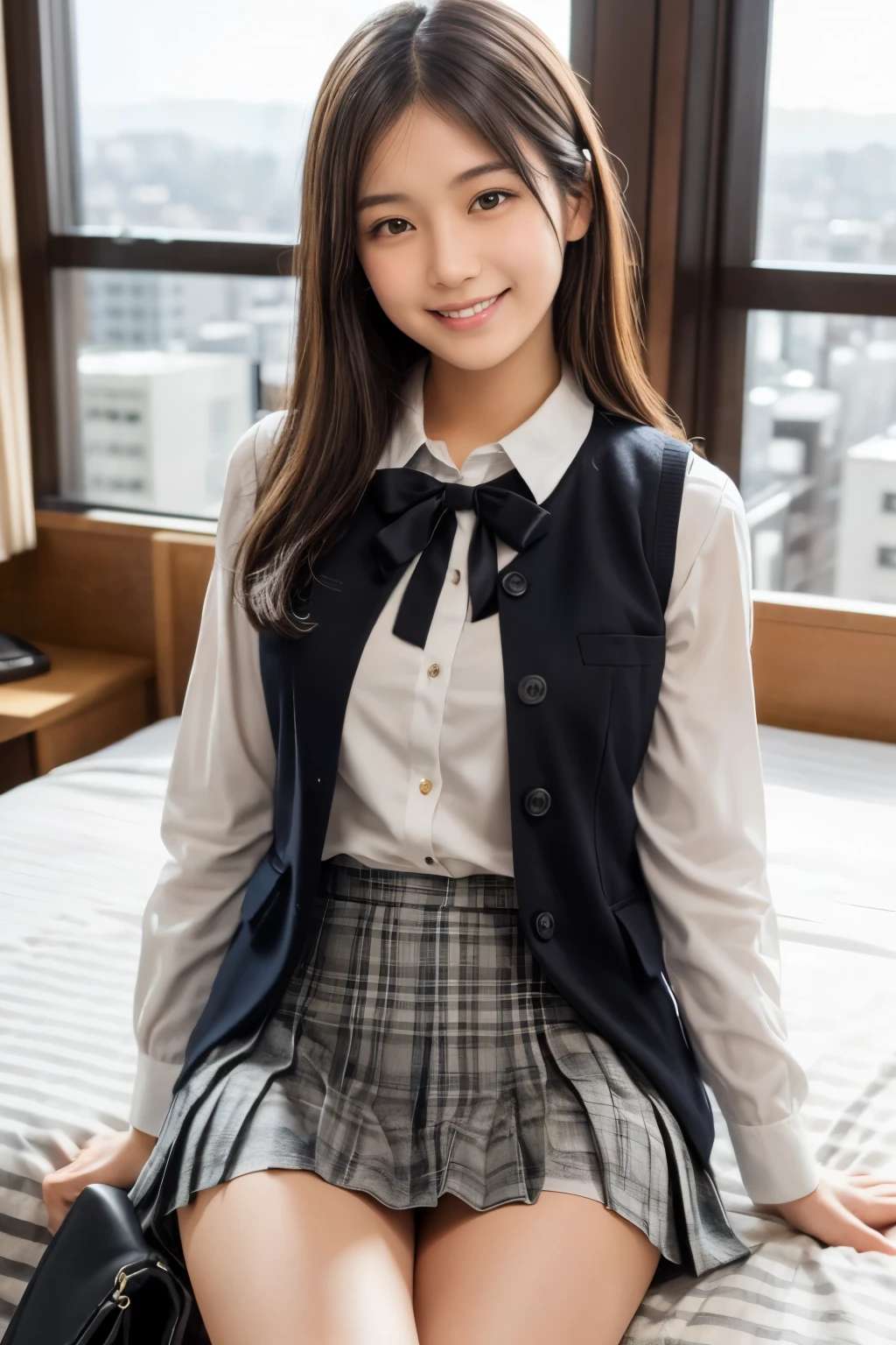 1 young girl,very cute and beautiful japanese teen actress,highly detailed beautiful face, office working lady,white blouse,plaid vest,looking at viewer,smile,solo, sitting on bed sheet,pleated black mini skirt,bag, hotel room in tokyo,gorgeous interior,window,town view,real person,photorealistic,8k,raw photo,