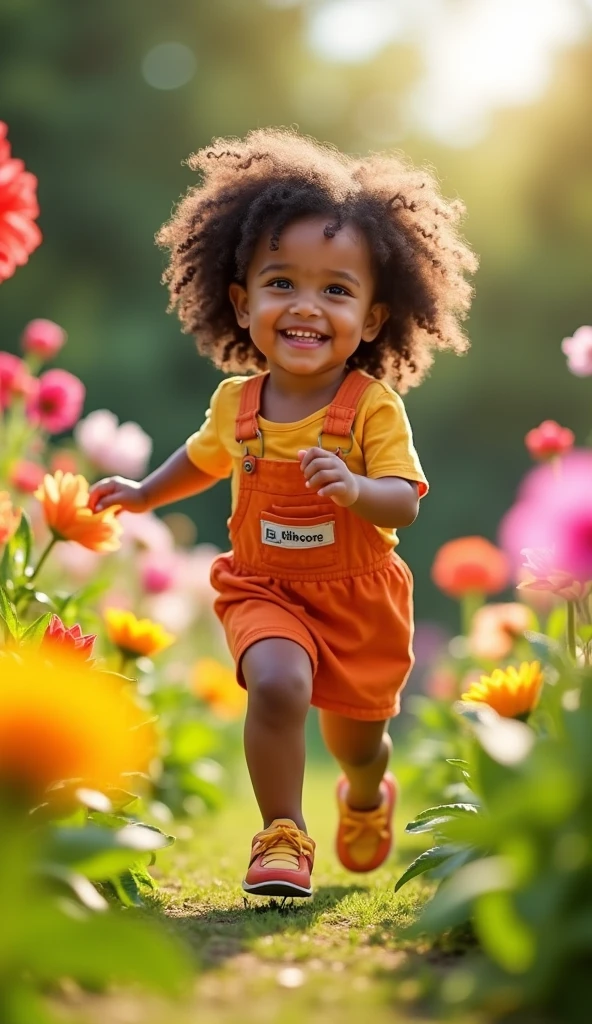 Create UHD photorealistic realistic photo, no animation, no 3D image, no Pixar style animation, no extra fingers. 28-month-old French-Arab girl named Mila, playing joyfully and talking seane, in a sunlit garden filled with flowers. Capture her vibrant energy using a Canon EOS R5 with a 50mm f/1.2 lens for soft bokeh effect. Bright, natural lighting enhances the beauty of her playful spirit. Family album studio style.