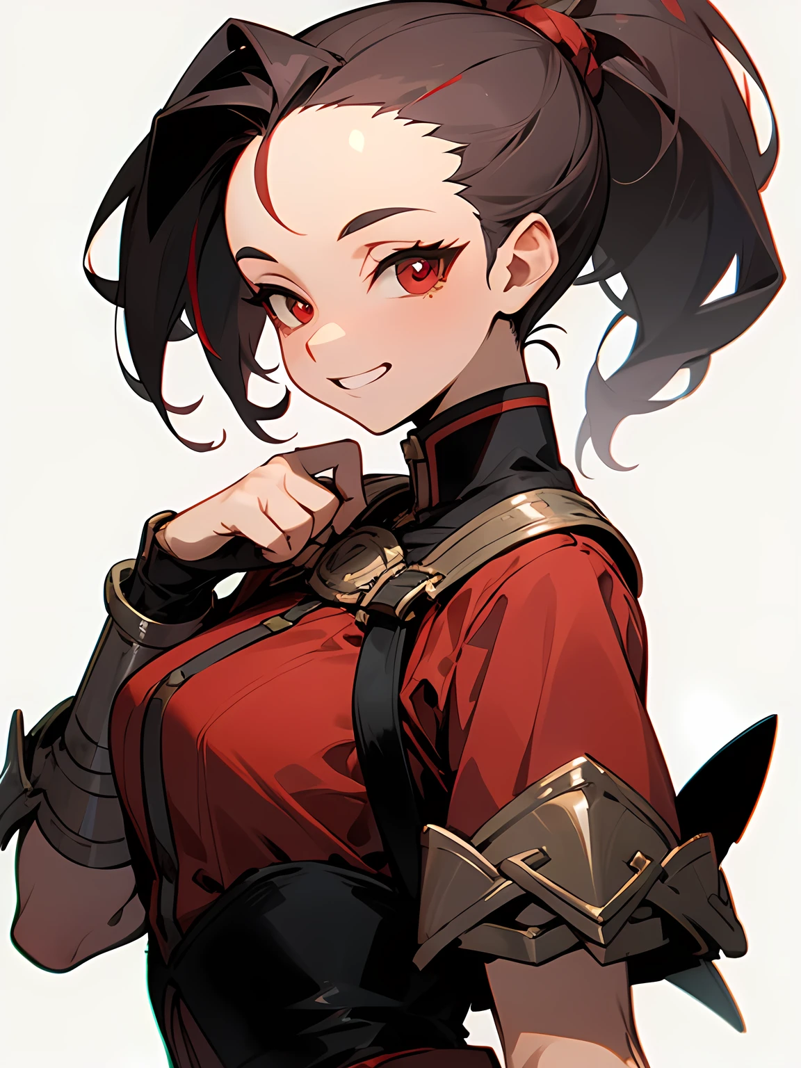 sideview,Solo, upperbody,(looking at viewer:1.2), black streaked color ponytail, (big forehead), red eyes, sexy grin, expert gladiator outfit, I'm the main character, stance, white simple background,