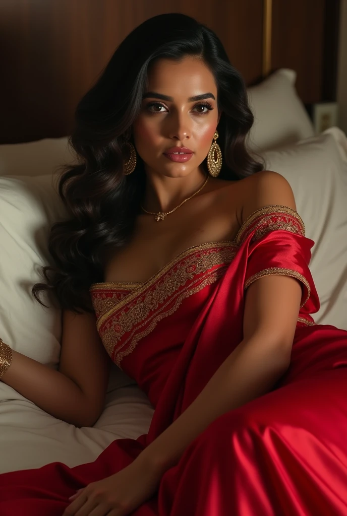 Shraddha kapoor laying on bed in hot red saree