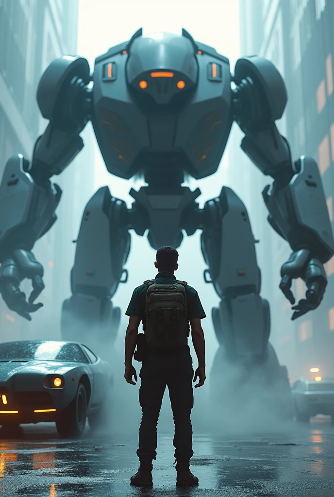 Man and robot might with car