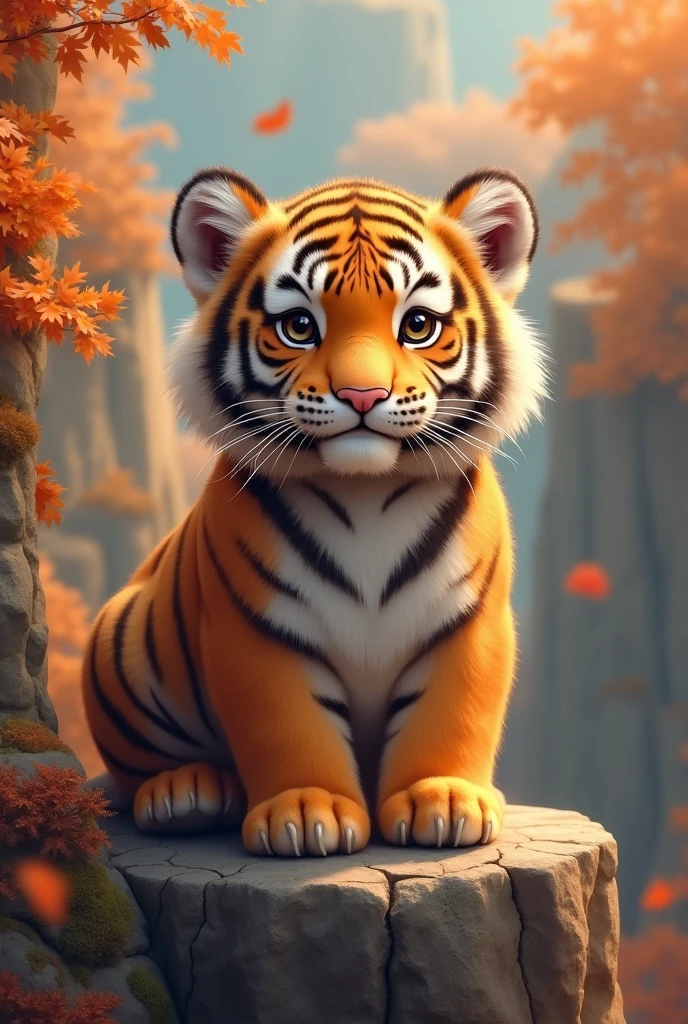 a pure brown tiger,on the cliff,Watch from a high place,Background autumn,Tiger cute style