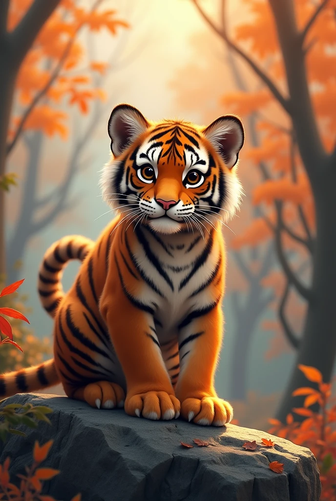a pure brown tiger,on the cliff,Watch from a high place,Background autumn,Tiger cute style