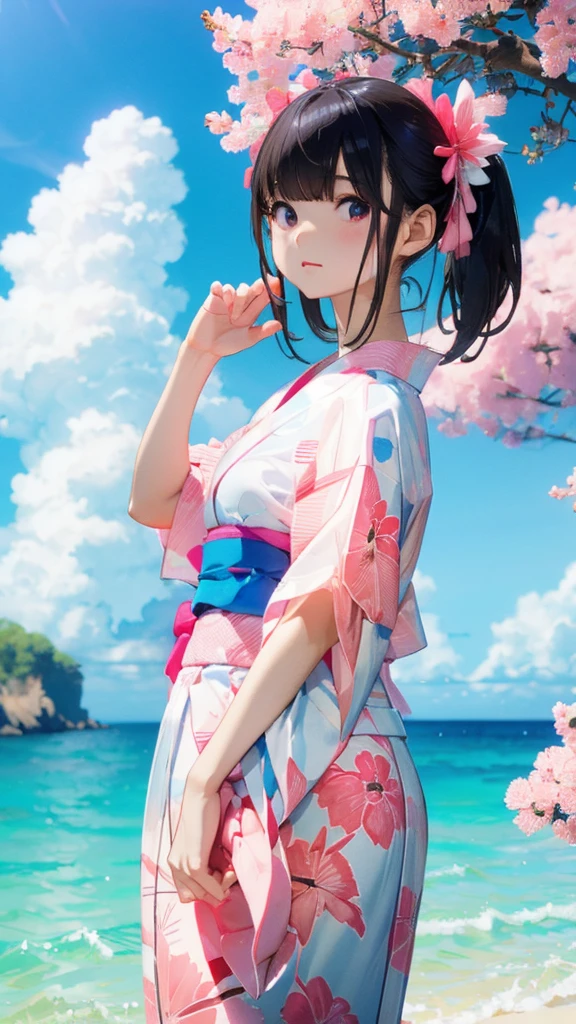 Black Hair、refreshing、Gravure idol-like background、Half Twin Tail、clear、Cute summer yukata、A pale white and pink yukata、Summer blue sky、Summer Clouds、whole body、Ocean、Vision、