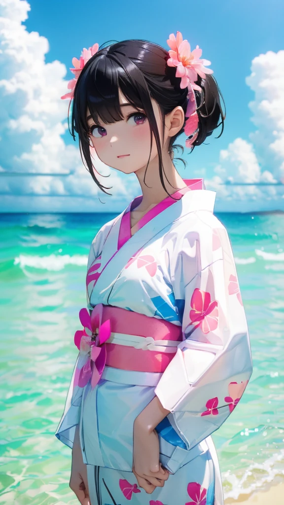 Black Hair、refreshing、Gravure idol-like background、Half Twin Tail、clear、Cute summer yukata、A pale white and pink yukata、Summer blue sky、Summer Clouds、whole body、Ocean、Vision、