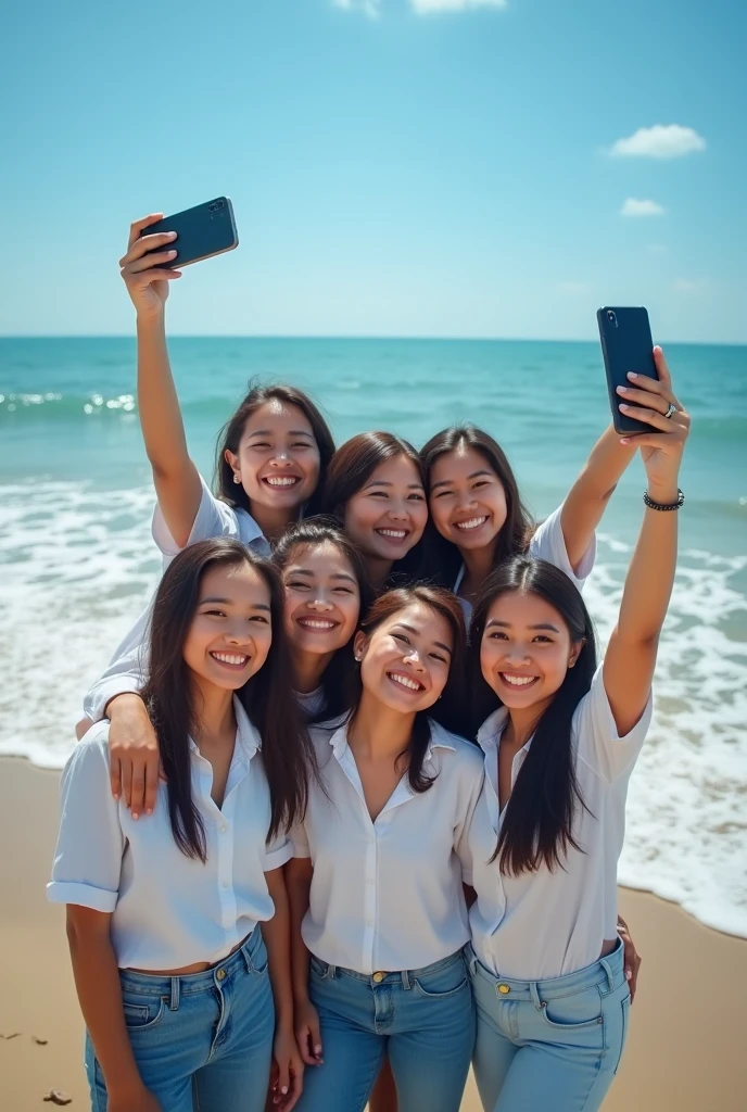 professional photography 8 beautiful Indonesian women, who wears a white shirt , jeans, In tune while taking a selfie, with the background on the beach with the attractive lapping of the waves and bright blue clouds. fullHD, ultrahd+ , Earth's atmosphere,realistic, looks authentic, dramatic scene, must be detailed