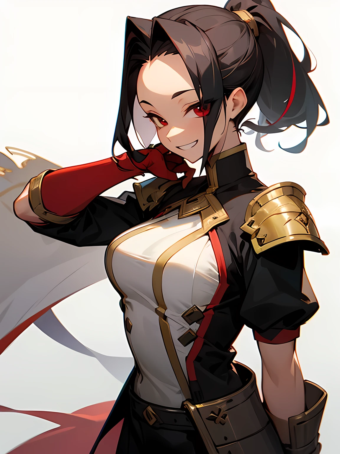 sideview,Solo, upperbody,(looking at viewer:1.2), black streaked color ponytail, (big forehead), red eyes, sexy grin, expert gladiator outfit, I'm the main character, stance, white simple background,