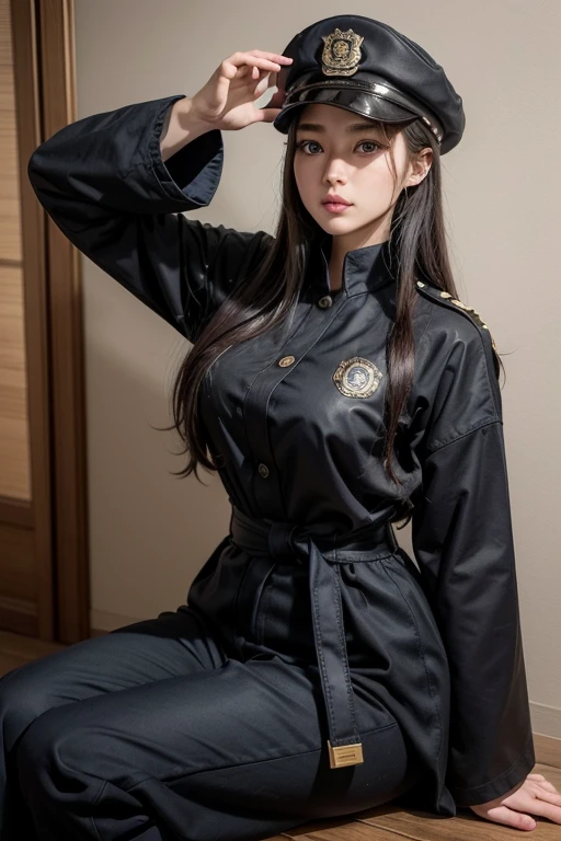 Big Tits,Big Ass,

police uniform jacket: Based on a black or dark blue wool jacket、The design imitates the uniforms of the Japanese police at the time.。The jacket has a firm silhouette.、The buttons are made of brass and are gold colored.。Police rank and crest embroidered on collar、Gives a sense of dignity。
	• Inner kimono: Under the jacket、To express the fusion of Western and Japanese clothing from the Meiji period、A design that allows the collar of a white kimono to peek out from the neckline。This adds a feminine softness、Maintaining functionality as a uniform。
	• Bottoms:
	• Hakama-style pants: In the lower half of the body、Wear wide pants with a hakama-like design。The pants are deep green or indigo.、Emphasis on ease of movement and combat-friendly design。Pants are ankle-length、Does not restrict movement of the feet。
	• Feet: At your feet、Wear sturdy lace-up boots。The boots are made of black leather、Rugged and mobile design。The boots have few decorations.、Gives a practical impression。
	•accessory:
	• hat: On his head he wears a police cap reminiscent of that worn by police officers in the Meiji period.。The hat is the same color as the jacket.、The police emblem is on the front.。
	• Sword: A Japanese sword is attached to the waist.。The sheath is painted black lacquer.、Simple yet high quality finish。The handle is engraved with the family crest and squadron symbol.。

Makeup • Skin: Skin maintains a natural, healthy tone、Expressing the femininity of the time。Use a light, matte foundation、Soft shading to accentuate facial contours。
	• Eyes: Use soft brown eyeshadow for a natural look。The eyeliner is thin、Use to tighten the eye area。Eyelashes are finished in a natural way、Gives an overall calm impression。
	• Eyebrow: Eyebrows have a natural arch。The thickness is moderate、Designed with moderation in mind。Choose a natural dark brown eyebrow color that matches your hair color.。
	• Lips: Lips、Use pale pink or beige pink lipstick、Gives an overall soft impression。Adding a little shine、For a healthy and feminine look。
	• Cheeks: Use blush sparingly、Lightly color your cheekbones with a pink beige tone、Creates a healthy impression。