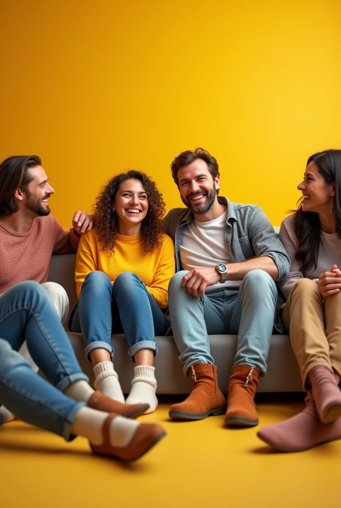 (Photorealism: 1.2), happy woman, happy man, comfortable clothes, several men and women, people wearing socks, yellow background, studio, comfortable pose wearing socks, happy man