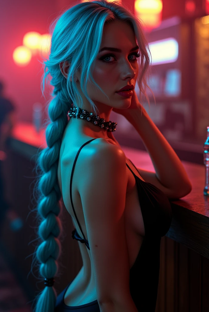 best quality,4k,8k,(masterpiece:1.2),ultra-detailed,realistic,photo-realistic:1.4, attention to detail, 8K, ultra detailed body, Ciri, braid, cyan colour hair, side cut silk dress, open toe high heels, at the club, fit body, sexy pose, seductive doing blowjob