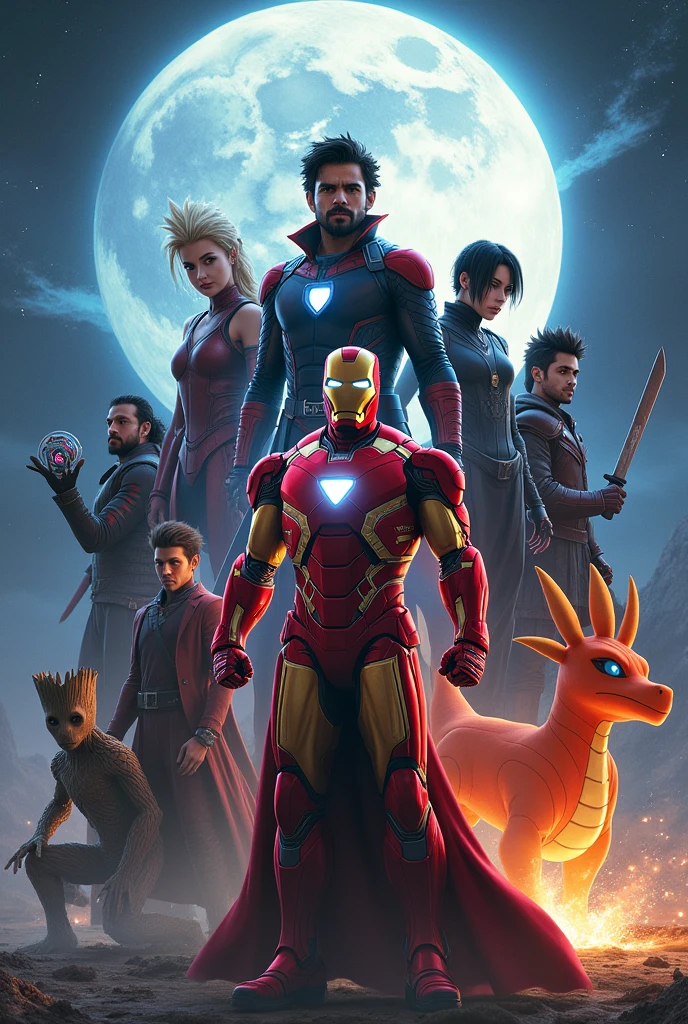 A photo Virat kohli, loki, iron man, moon knight and groot from marvel, itachi uchiha and pain nagato from naruto anime, kai from beyblade anime, charizard from pokemon anime.