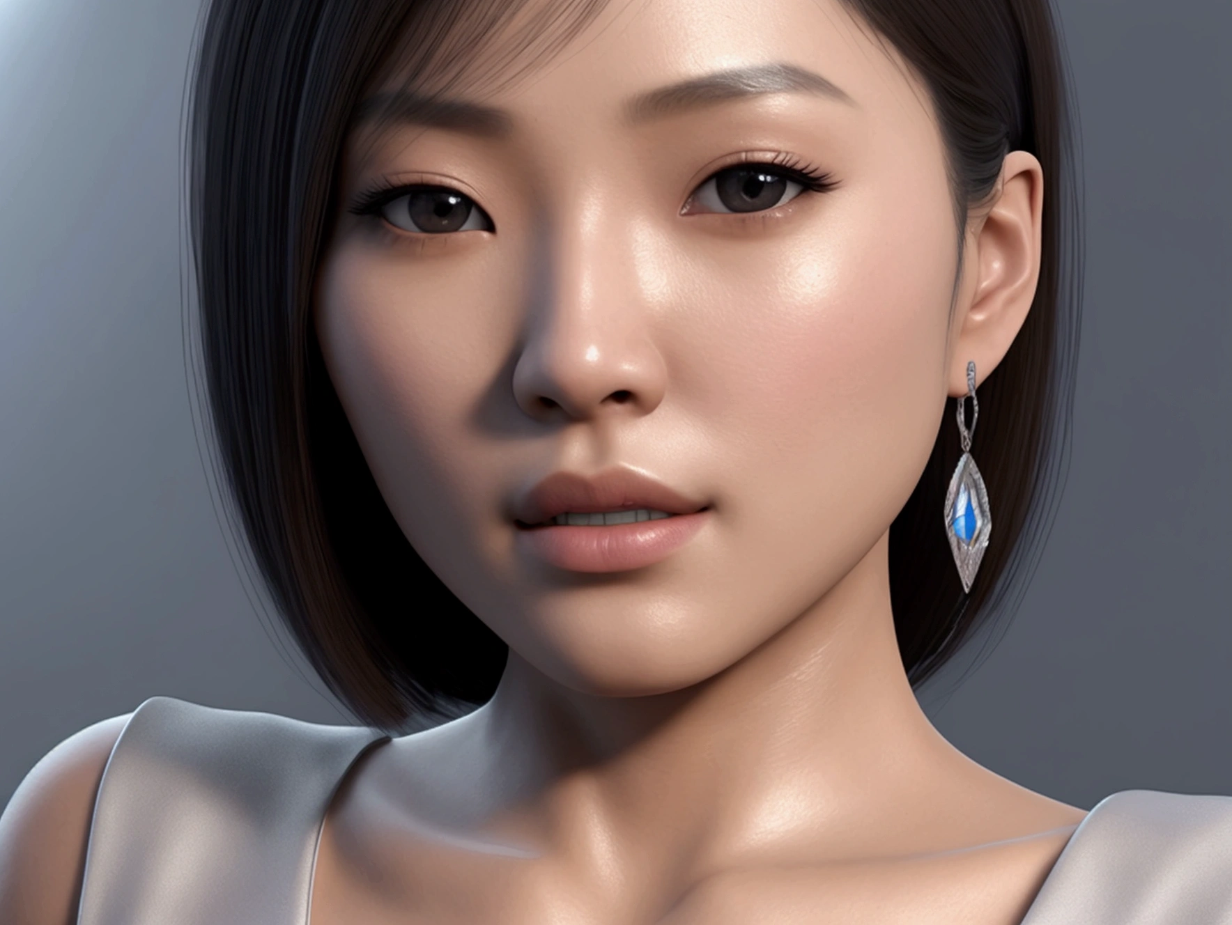 Close-up of Asian beauty in silver-blue dress, journey on art station, face close-up, head close-up, digital SLR camera shooting, portrait, high-purity tone, unreal engine, best quality, best. HDR (high dynamic range), ray tracing, NVIDIA RTX, super resolution, illusion 5, subsurface scattering, PBR texture, post-processing, anisotropic filtering, depth of field, maximum definition and sharpness, multi-layer texture, albedo and highlight map, surface coloring, accurate simulation of optical material interaction, perfect proportion, octane number rendering, two-color lighting, large aperture, low ISO, white balance and sharpness.