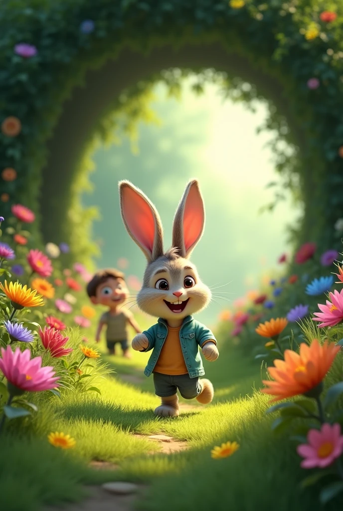 The rabbit was very happy and took boy to his tunnel, where he found green grass and colorful flowers