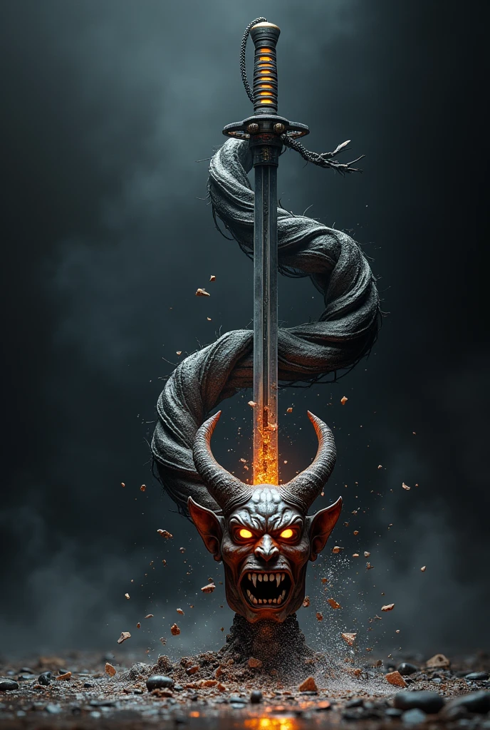 A Japanese katana turning into a matahuite breaking an oni mask