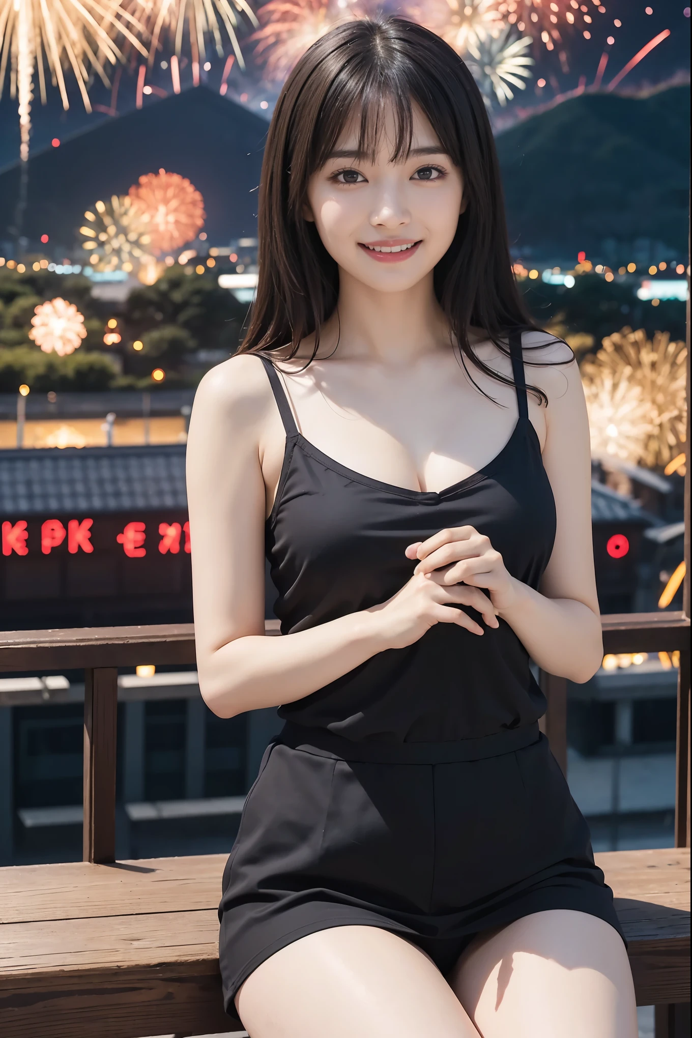 fireworkを背景に棚に座っている女性, firework,大firework、Soaring、A mix of anime style and Fujifilm, firework, firework in the background, 8k,Beautiful digital artwork, Japanese Goddess, Landscape Background, Laughter、Happy、Mid-breasted、Cleavage、Browsing Caution、(black、Oversized camisole:1.3)、Thighs Thighs Thighs Thighs、from the front、black髪、cute、