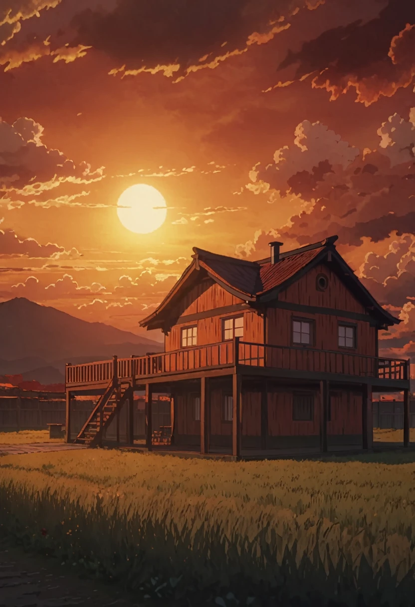 masterpiece!!!! 8k an anime GHIBLI STYLE cabin!!!!! The image shows a serene hellish sunset scene with (orange clouds.yellow and red)   golden clouds lighting shadow, 8khdr sol ilumination!!!! sunrise clouds