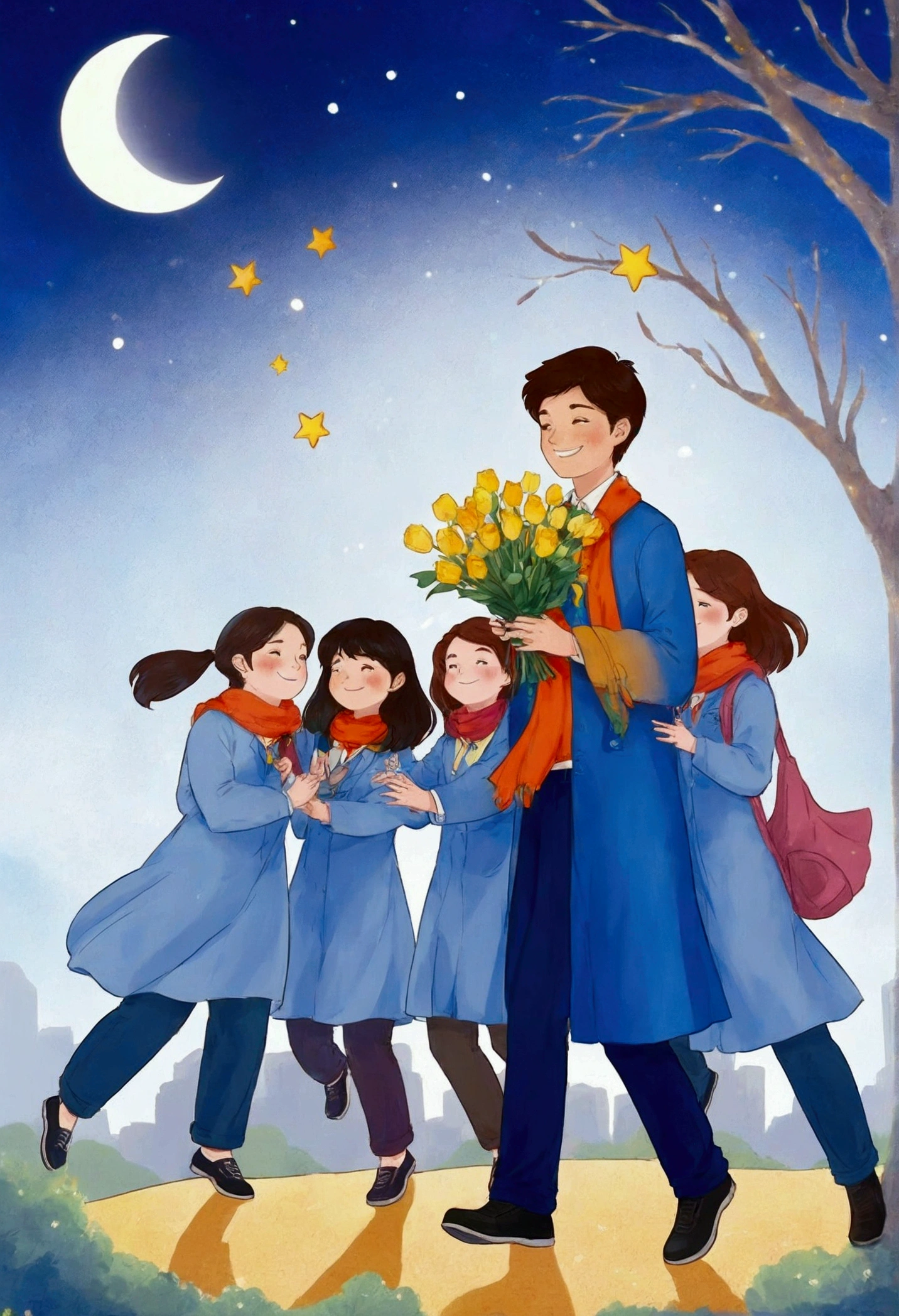 A group of students gathered around a teacher, holding flowers and trophies. The teacher smiled and gently placed their hands on the shoulders of the students, standing together on a "Star Avenue" made up of books, symbolizing the glorious path of education. The night sky serves as the background, adorned with brilliant stars and a bright moon, creating a halo effect around teachers and students, adding a sense of sacredness and glory. A solemn yet dreamlike atmosphere