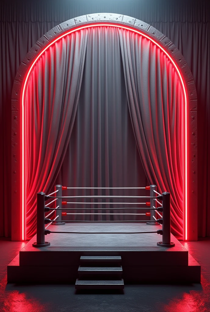 Arched rectangle with silver metallic party curtain and red LED light edge and in front a handmade wrestling ring