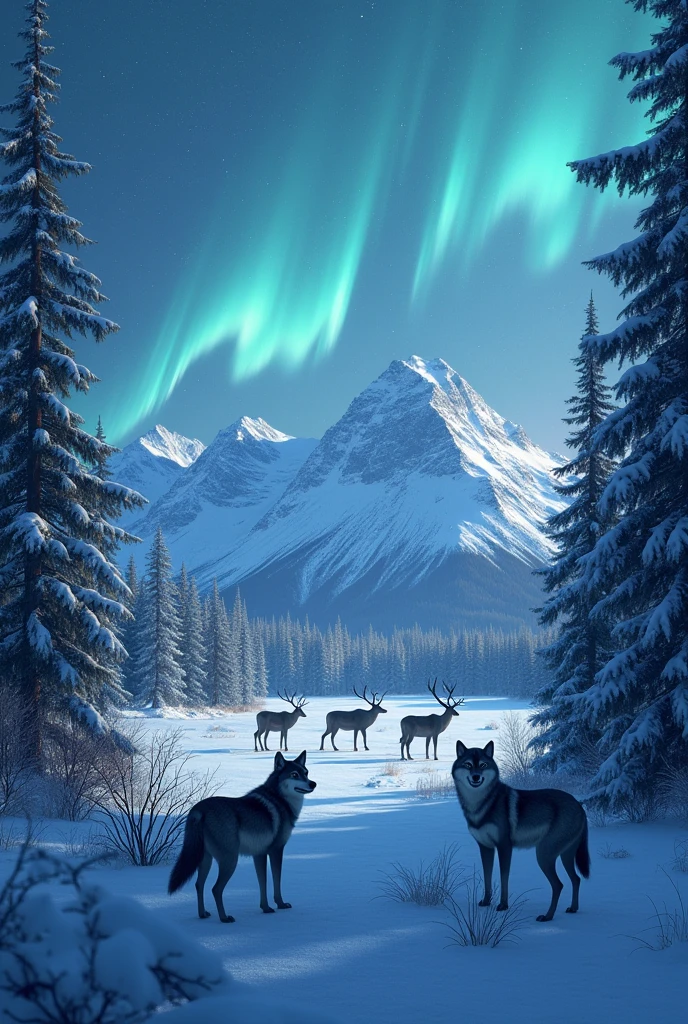 Alaska snowy night with northern lights in the sky and mountain range in the background. Wolves in forest looking at camera and watching  three bull caribou in Meadow 