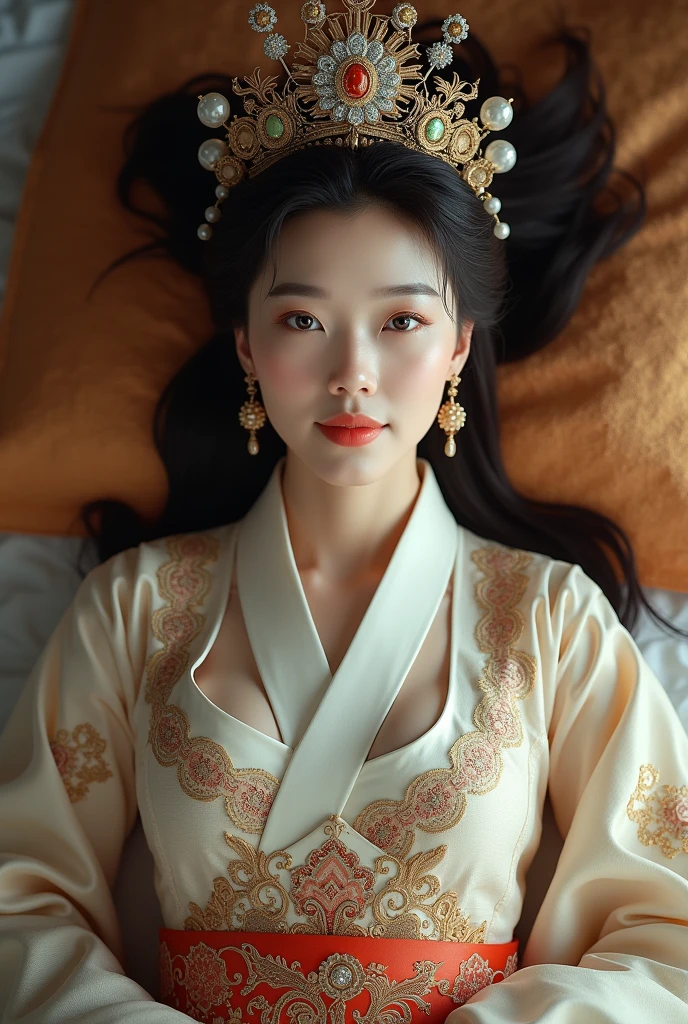 (photorealism:1.2), Using Imperial Korean Dress and crown, beautiful mature white Queen, lying on the bed, A close-up to face and straight-on view from above, good body, straight body possure, big breasts, moderate emotion.