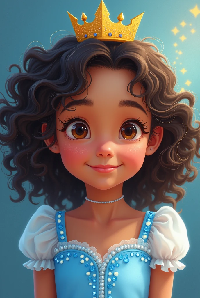 Style manga ou animé, fillette de 6 ans, mixed race, dark brown curly hair, a golden tiara in the hair, Brown eyes, light blue dress with blue sequins on top.
Elle sourit, elle a un peu de maquillage sur les yeux