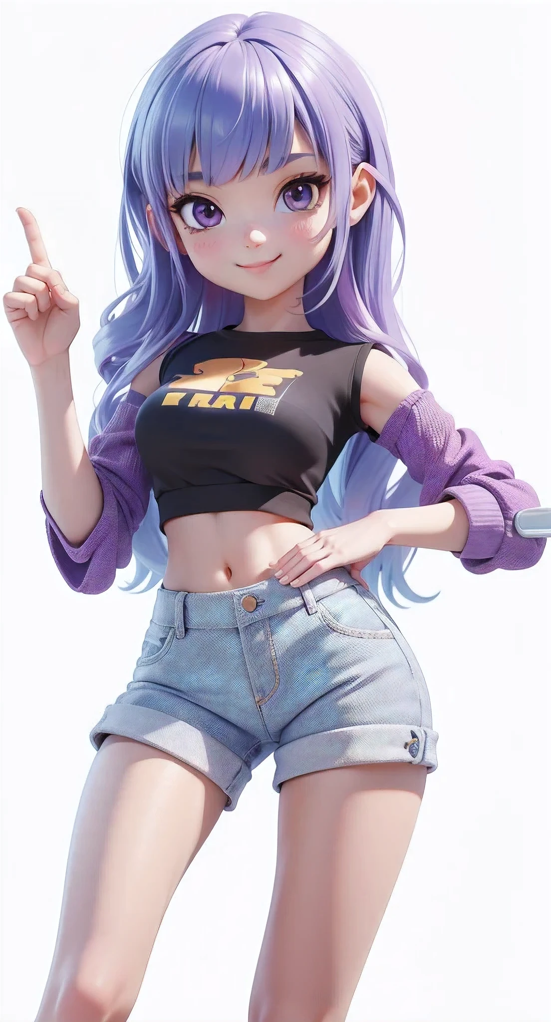 C4D modeling,3D diorama,Sweet face,Smile,Cute girl,Finger pointing to one side,One hand on waist,A beautiful q girl,Purple bangs long hair,Black long skirt。This is a 3D cartoon game character rendered in Unreal Engine 5 style,Simple background,This image was created using Unreal Engine 5,For high-resolution full-body photography and 3D rendering,With excellent details。Pixar style cartoon characters。