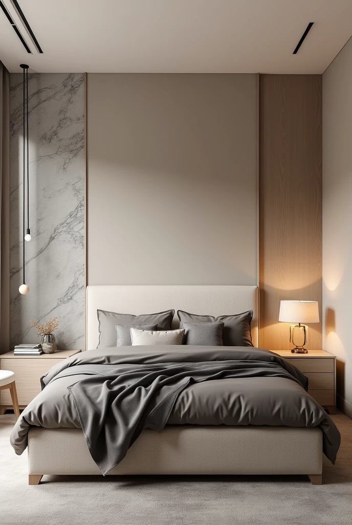 A double bedroom in a modern and sophisticated style, with a neutral and light color palette, focusing on beige tones, gray and soft brown. The bed is the central point, with a high, straight headboard, upholstered in a light beige fabric. The bed is covered in dark and light gray bedding., with decorative pillows that complement the neutral palette. The floor is light wood, providing a subtle contrast to the light grey rug under the bed. The walls are smooth, painted in a light beige tone, the back of the bed is gray marbled with discreet panels that add texture to the room. Furniture: Beside the bed, there is a simple bedside table in light wood, no drawers, accompanied by a minimalist design lamp. on the other side, there is a chair upholstered in white fabric next to a small side table, also made of light wood, that serves as a work or reading space. Lighting: The lighting is modern, with light tracks embedded in the ceiling, that provide a soft and homogeneous light to the environment. The room is lit mainly by natural light coming in through a window not visible in the image., providing a calm and welcoming atmosphere. detaileds: The décor is minimalist, without exaggerated ornaments, focusing on the harmony of shapes and colors. The design is thought to create a relaxing space, where each element contributes to a cohesive and tranquil look.