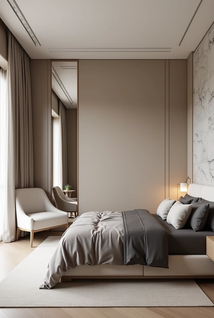 A double bedroom in a modern and sophisticated style, with a neutral and light color palette, focusing on beige tones, gray and soft brown. The bed is the central point, with a high, straight headboard, upholstered in a light beige fabric. The bed is covered in dark and light gray bedding., with decorative pillows that complement the neutral palette. The floor is light wood, providing a subtle contrast to the light grey rug under the bed. The walls are smooth, painted in a light beige tone, the back of the bed is gray marbled with discreet panels that add texture to the room. Furniture: Beside the bed, there is a simple bedside table in light wood, no drawers, accompanied by a minimalist design lamp. on the other side, there is a chair upholstered in white fabric next to a small side table, also made of light wood, that serves as a work or reading space. Lighting: The lighting is modern, with light tracks embedded in the ceiling, that provide a soft and homogeneous light to the environment. The room is lit mainly by natural light coming in through a window not visible in the image., providing a calm and welcoming atmosphere. detaileds: The décor is minimalist, without exaggerated ornaments, focusing on the harmony of shapes and colors. The design is thought to create a relaxing space, where each element contributes to a cohesive and tranquil look.