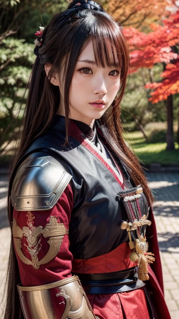 a beautiful japanese female samurai, full upper body portrait, wearing a red samurai armor, long brown hair, pale skin, serious expression, outdoors, hyper realistic, (best quality,4k,8k,highres,masterpiece:1.2),ultra-detailed,(realistic,photorealistic,photo-realistic:1.37),cinematic lighting,dramatic colors,intricate details