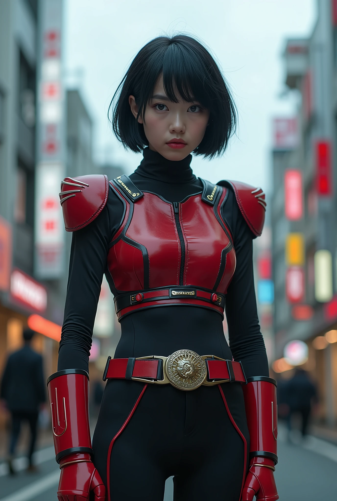 A high school girl poses as a Kamen Rider、Shibuya、Cloudy、Black Hair、Shortcuts、Japanese、Real、photograph、Rider transformation belt worn