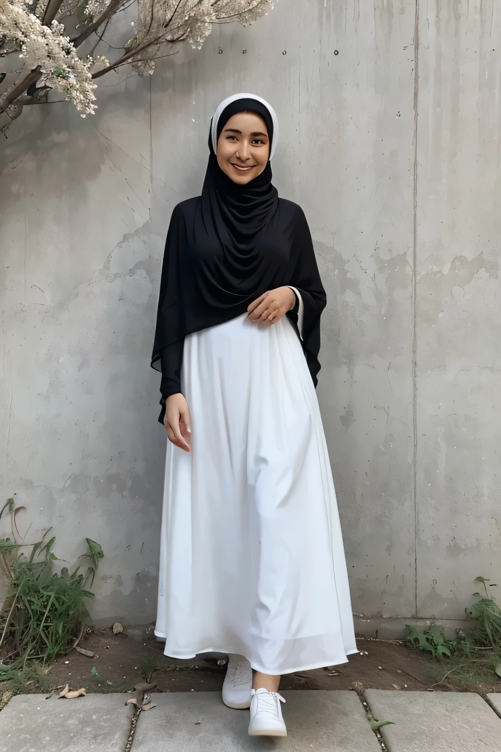 An adult girl wearing a hijab shawl wears a long black dress like flowing water made of chiffon, wears white shoes, is in a place where lots of weeds grow, the flowers are white, and there is a tree whose fallen leaves are red. . smiling while holding white flowering wild grass.