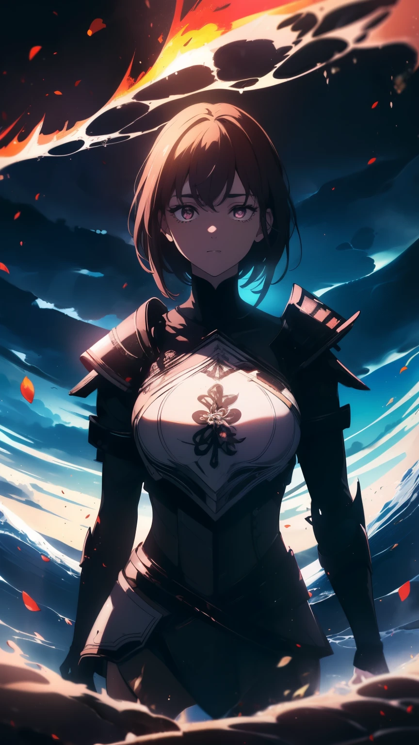 ((((Obra maestra, La mejor calidad, ultrahigh resolution)))), 1girl, happy, ((((standing, wearing blue samurai armor, plate armor)))), (brown hair, dark brown hair over eye:1), short hair cut, pale skin, ((brown eyes)), ((glowing_eyes)), ((ultra detailed eyes:0.7, beautiful and detailed face, detailed eyes:0.9)), ((centered)), ((over joyed expression)), ((wide shot)), facing viewer, (((outdoors, purple and black lights, black dancing silhouettes:0.9))), medium breasts, looking at viewer, ((half closed eyes)), ((perfect hands)), (((head:1, arms, hips in view, elbows, thighs, in view))), ((hands at sides)), lively eyes, beautiful lighting, outside, outdoors, background, defined subject, 2, (head tilt), (((cool))), ((lively)), (((wave of fire, flames)))