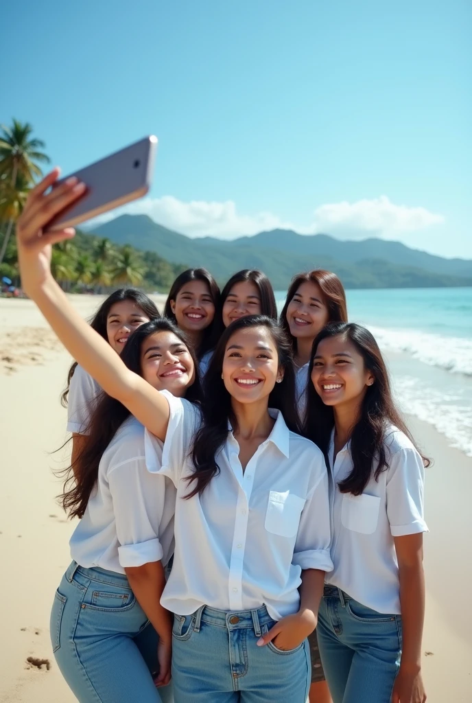 professional photography 8 beautiful Indonesian women, who wears a white shirt , jeans, In tune while taking a selfie, with the background on the beach with the attractive lapping of the waves and bright blue clouds. fullHD, ultrahd+ , Earth's atmosphere,realistic, looks authentic, dramatic scene, must be detailed