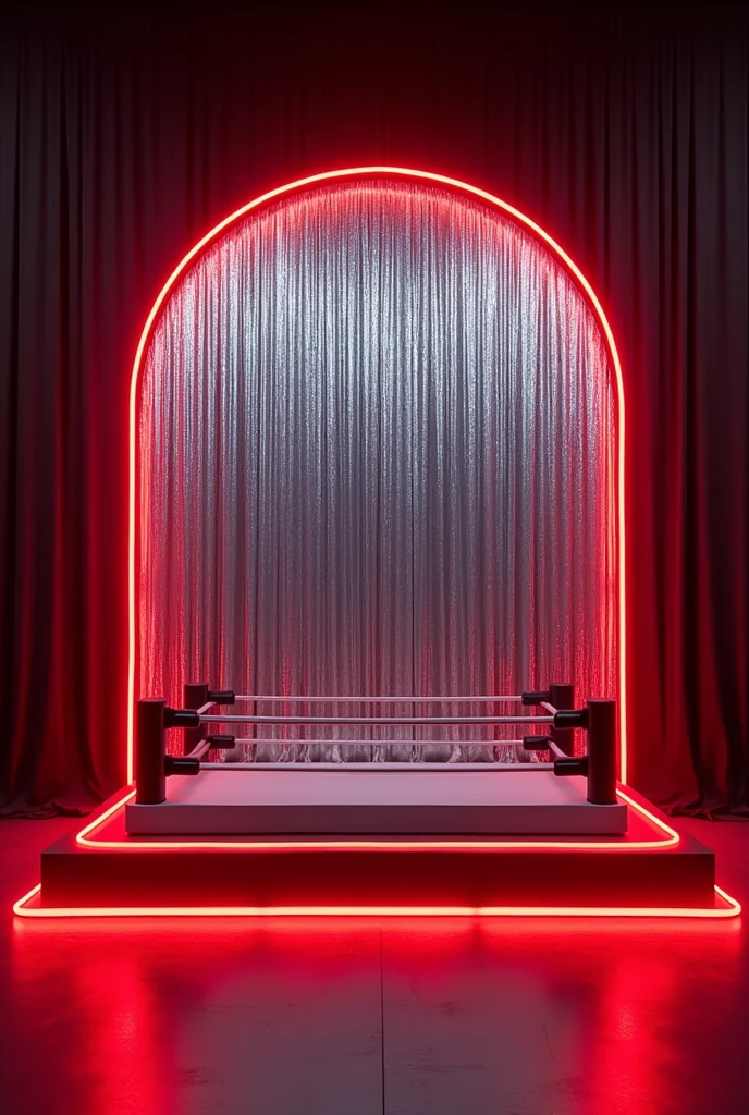 Arched rectangle with silver metallic party curtain and red LED light edge and in front a handmade wrestling ring, for streaming show