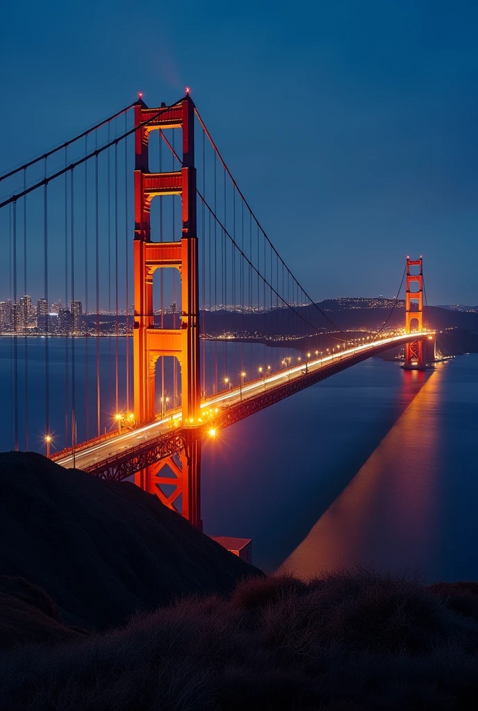 The Golden Gate Bridge with the city of San Francisco in the background at night