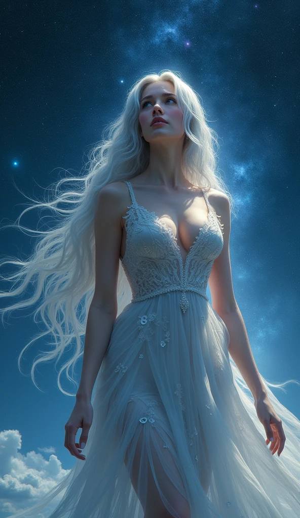 Prompt 9: Against the backdrop of a starry night sky、A beautiful woman with long silver hair in a fantastic dress、Beautiful face and perfect body、Big Breasts、Looking up at the sky with big, dreamy eyes。