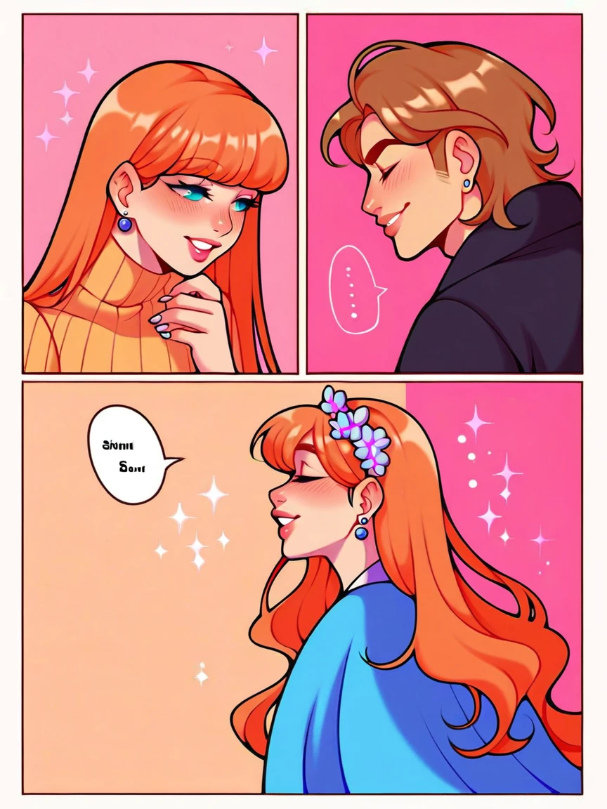 score_9, score_8_up, score_7_up, score_6_up, p4n3ls, 1girl, 1boy, flowers, long hair, panels, (8k, best quality, master piece: 1.2),super high resolution,A page of a soft pastel colored comic book divided into frames、Romeo and Juliet、A princess falls in love with a prince、speech bubble、Powerful girl manga style